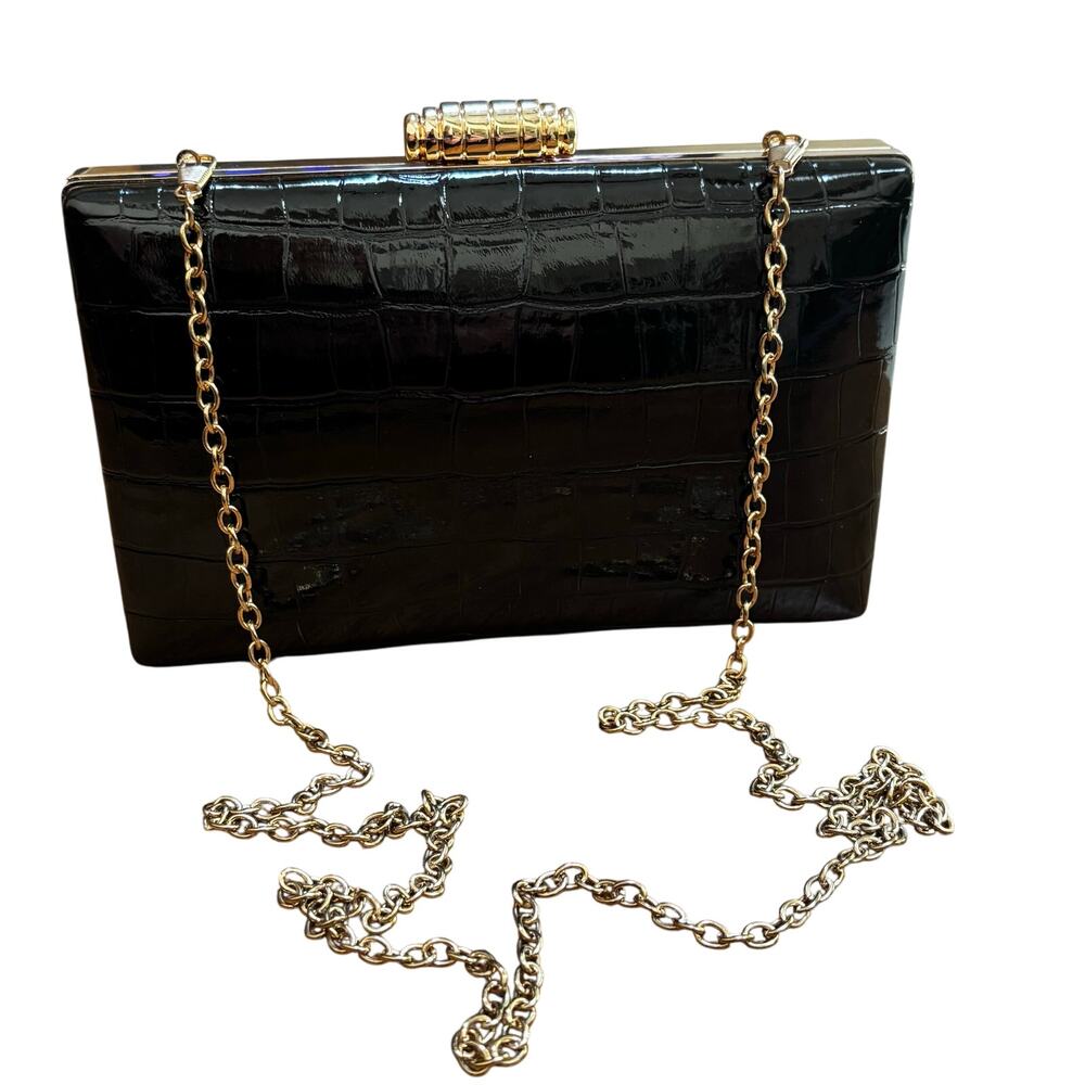 Vintage 1990’s black patent box style evening bag purse moc croc texture clutch